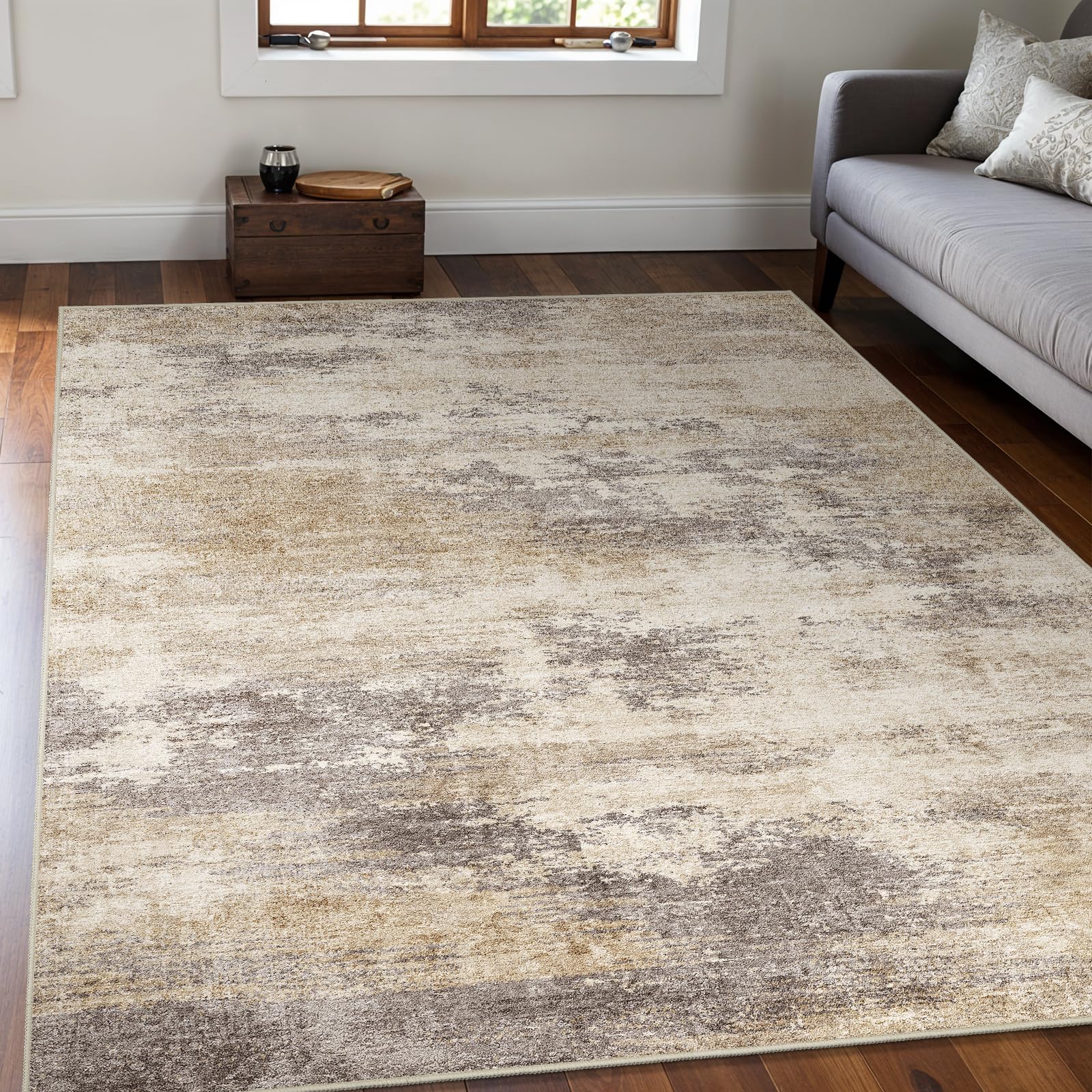 Photo 1 of Washable Abstract 5x7 Area Rug: Low Pile and Non-Slip Rubber Backing Modern Large Soft Stain-Resistant Carpet for Living Room Bedroom Dining Room Kitchen and Home Office Brown Beige