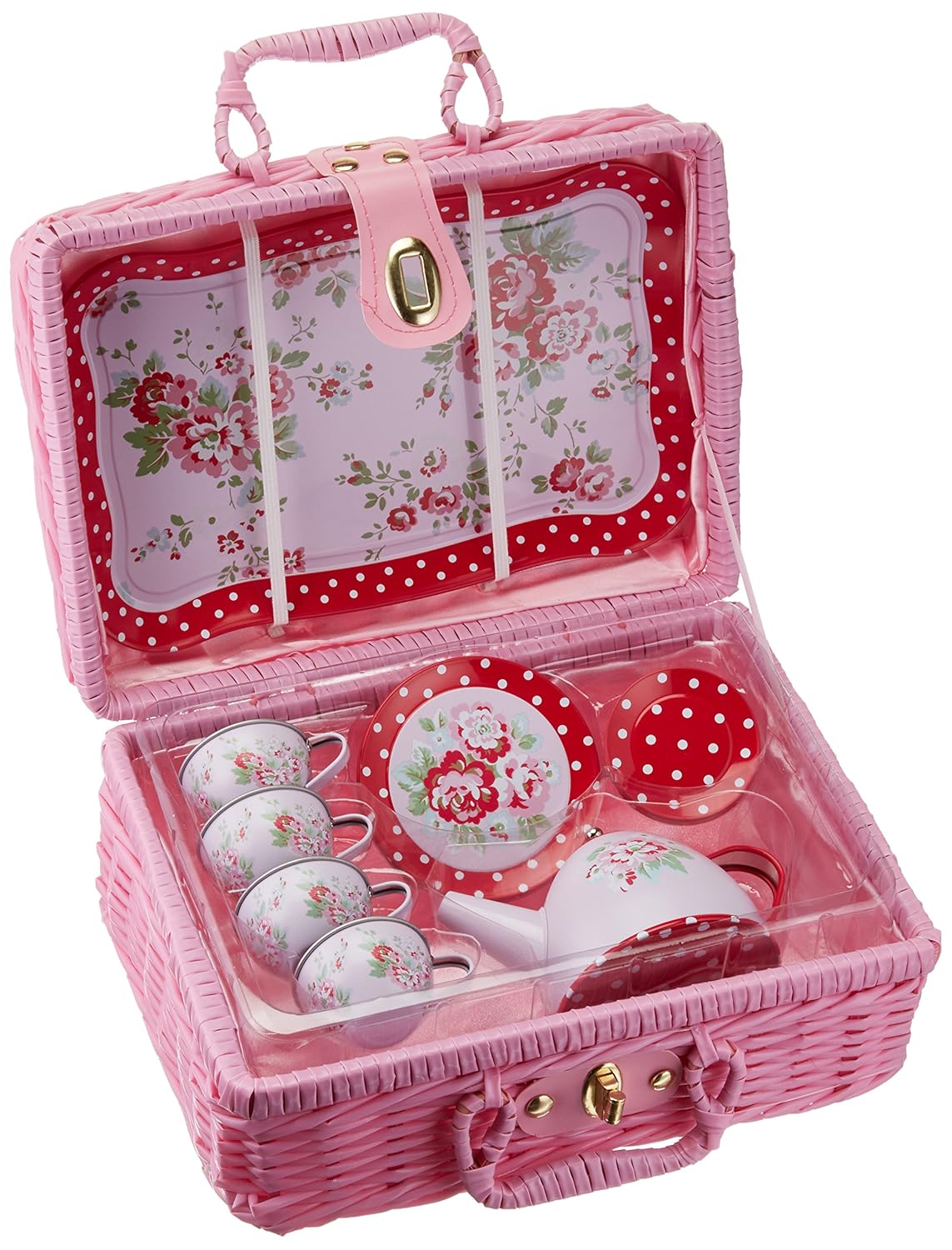 Delton Products Childrens Tin Tea Set with Roses & Polka Dots Kitchen