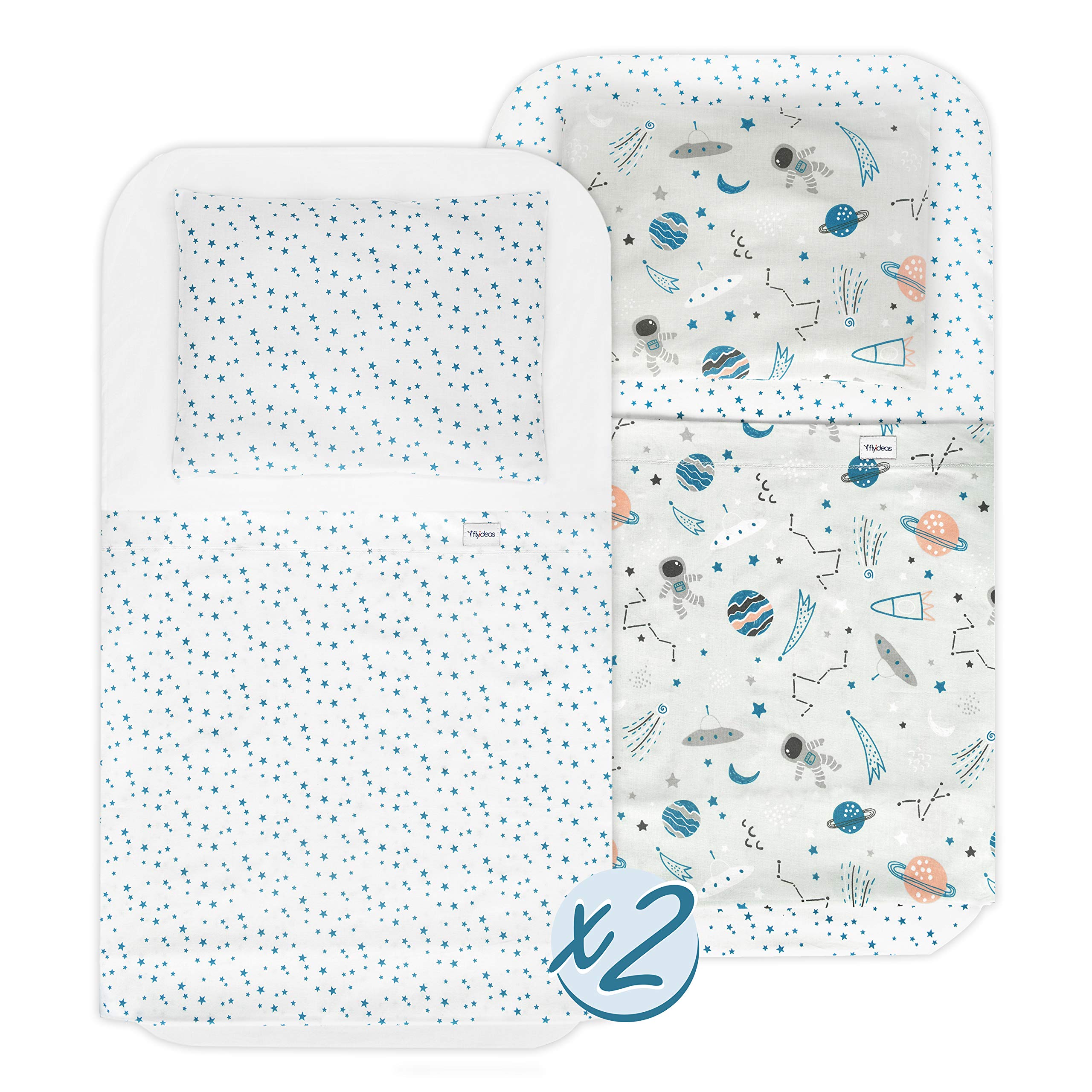 FlyIdeas Next to Me Crib Fitted Sheets 83x50 cm, 8 Pcs. - 2 Fitted Sheets, 2 Waterproof Mattress Protectors, 2 Flat Sheets & 2 Pillow Protectors, 100% Cotton Cert