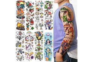 YAZHIJI 52 Pcs Temporary Tattoo for Kids Full Arm Mermaid Butterfly Cat Truck Dinosaur Rocket Planet Cute Animal Body Face Fake Arm Tattoos for Girls Boys Tiny Tattoo Stickers Birthday Gifts Party Supplies