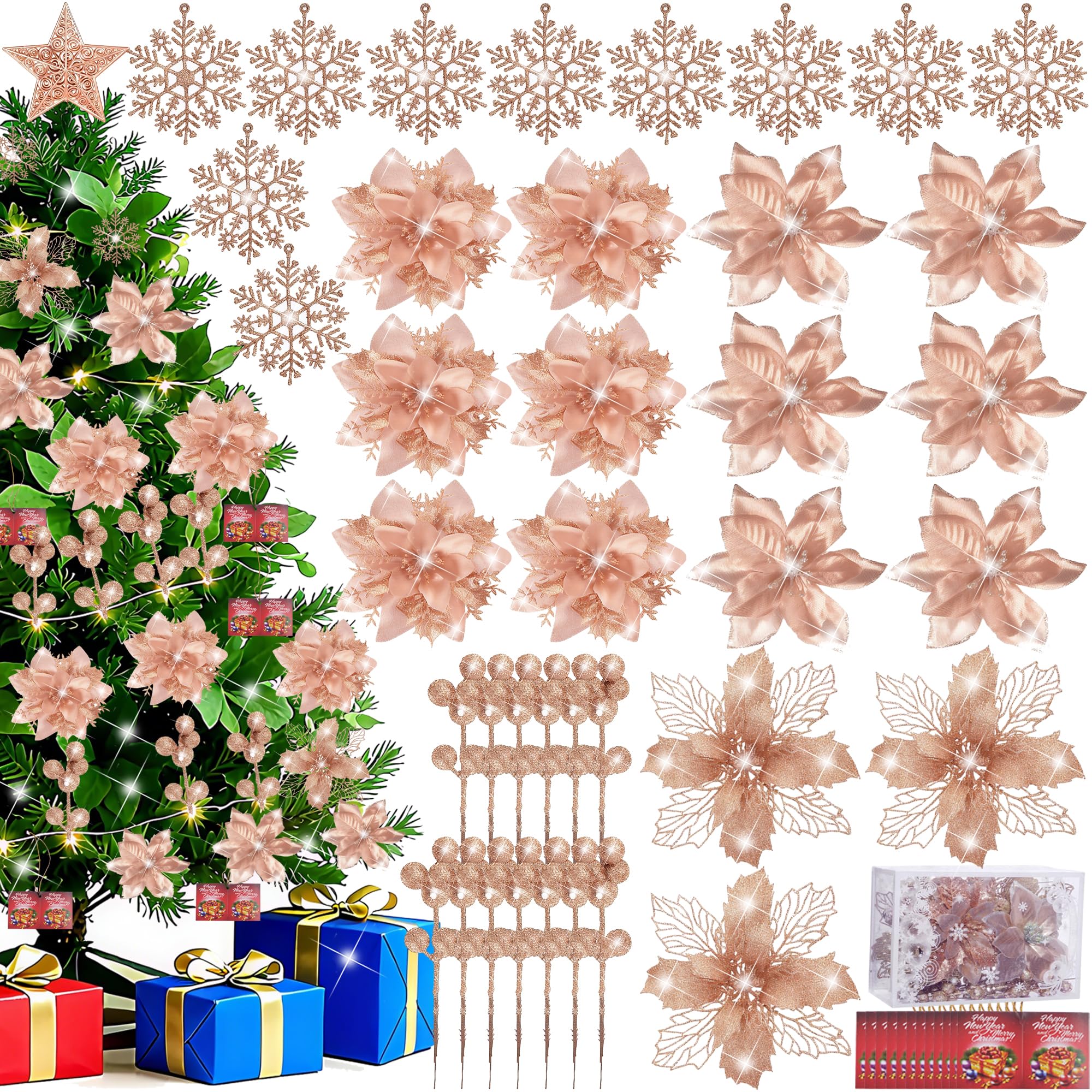 Photo 1 of 59Pcs Christmas Tree Decorations Set, Rose Gold Plastic Shatterproof Hanging Ornaments w/Artificial Poinsettia Flowers, Glitter Berries Stems, Snowflakes for Indoor Home Xmas Holiday Party Decor
