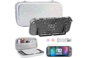 FUNDIARY Travel Carrying Case for Nintendo Switch 2 with Silver Glitter Design, Portable Accessories with Clear Glitter Protective Dockable Cover, Screen Protector, Shoulder Strap and 2 Cute Thumb Cap