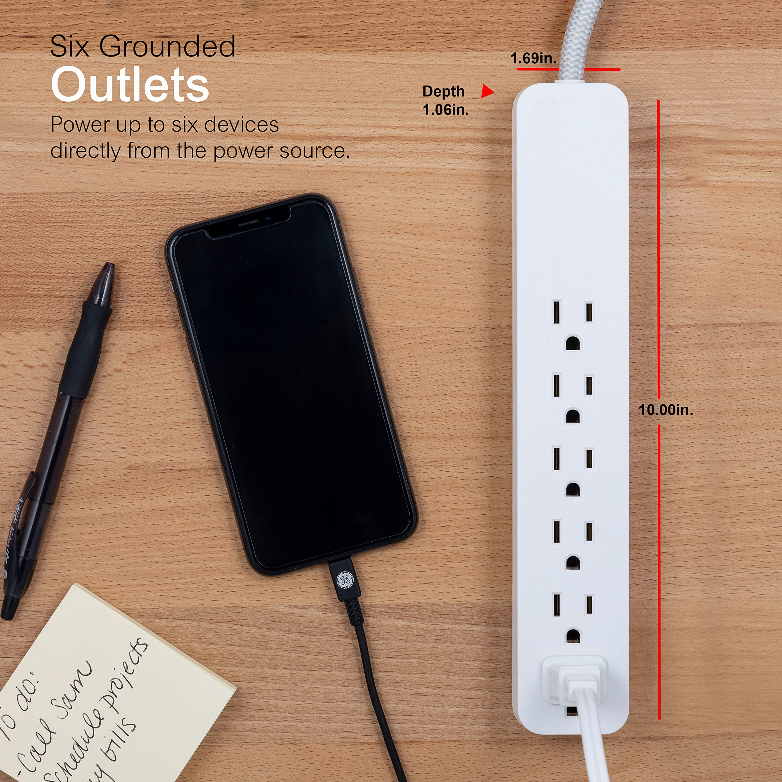 GE 6-Outlet Surge Protector, 20 Ft Braided Extension Cord, Power Strip, 840 Joules, Flat Plug, UL Listed, Black, 62941