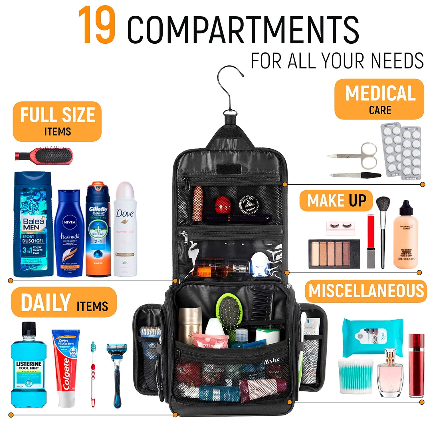Large Hanging Travel Toiletry Bag for Men and Women - Premium Toiletry Organizer - Waterproof Hygiene Bag with Metal Xxl Swivel Hook, YKK Zippers and 19 Compartments for Toiletries, Makeup, Cosmetics : Beauty
