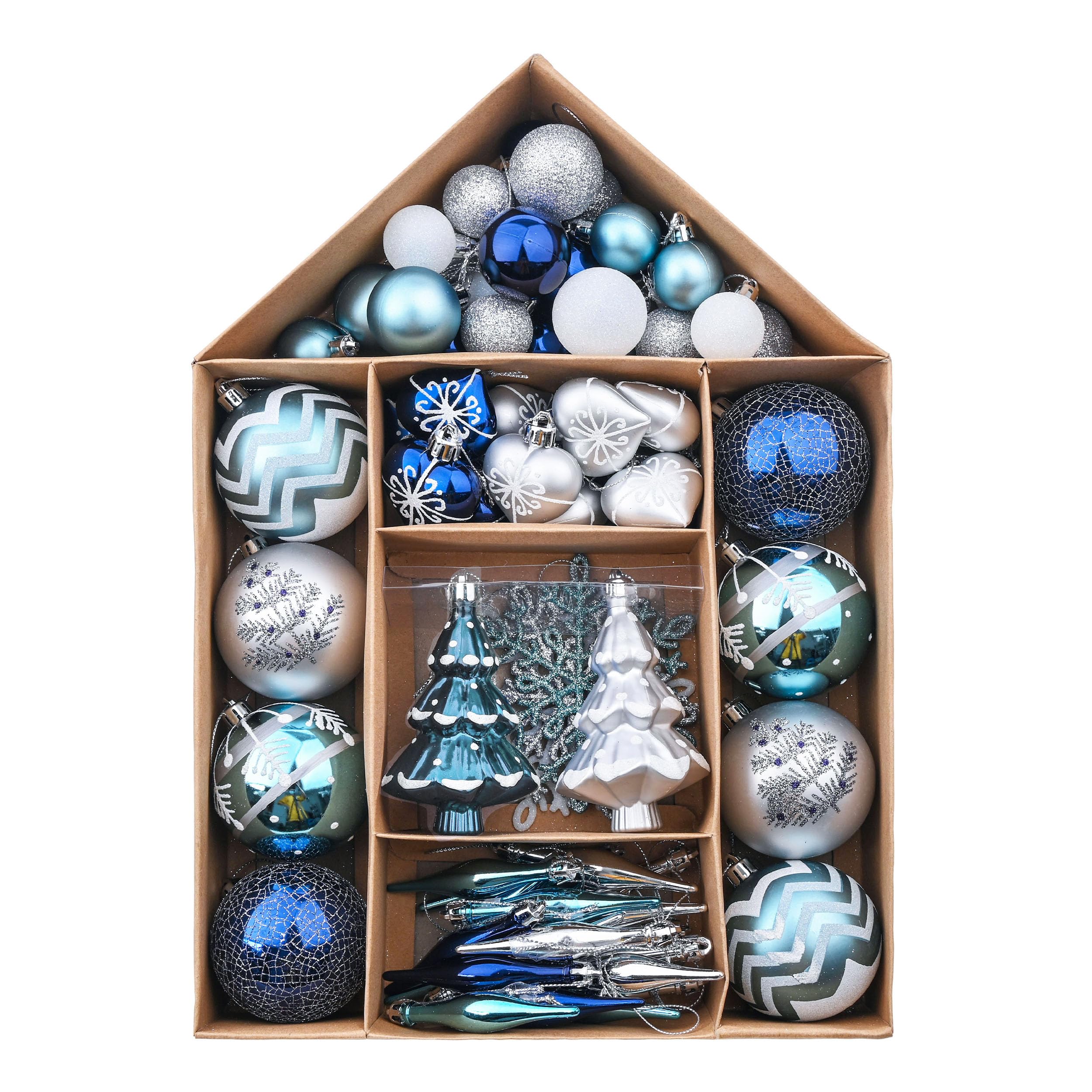 Valery Madelyn Christmas Baubles for Tree Decorations, 70pcs 3-9cm Silver & Blue Christmas Ball Ornaments, House Shape Pack