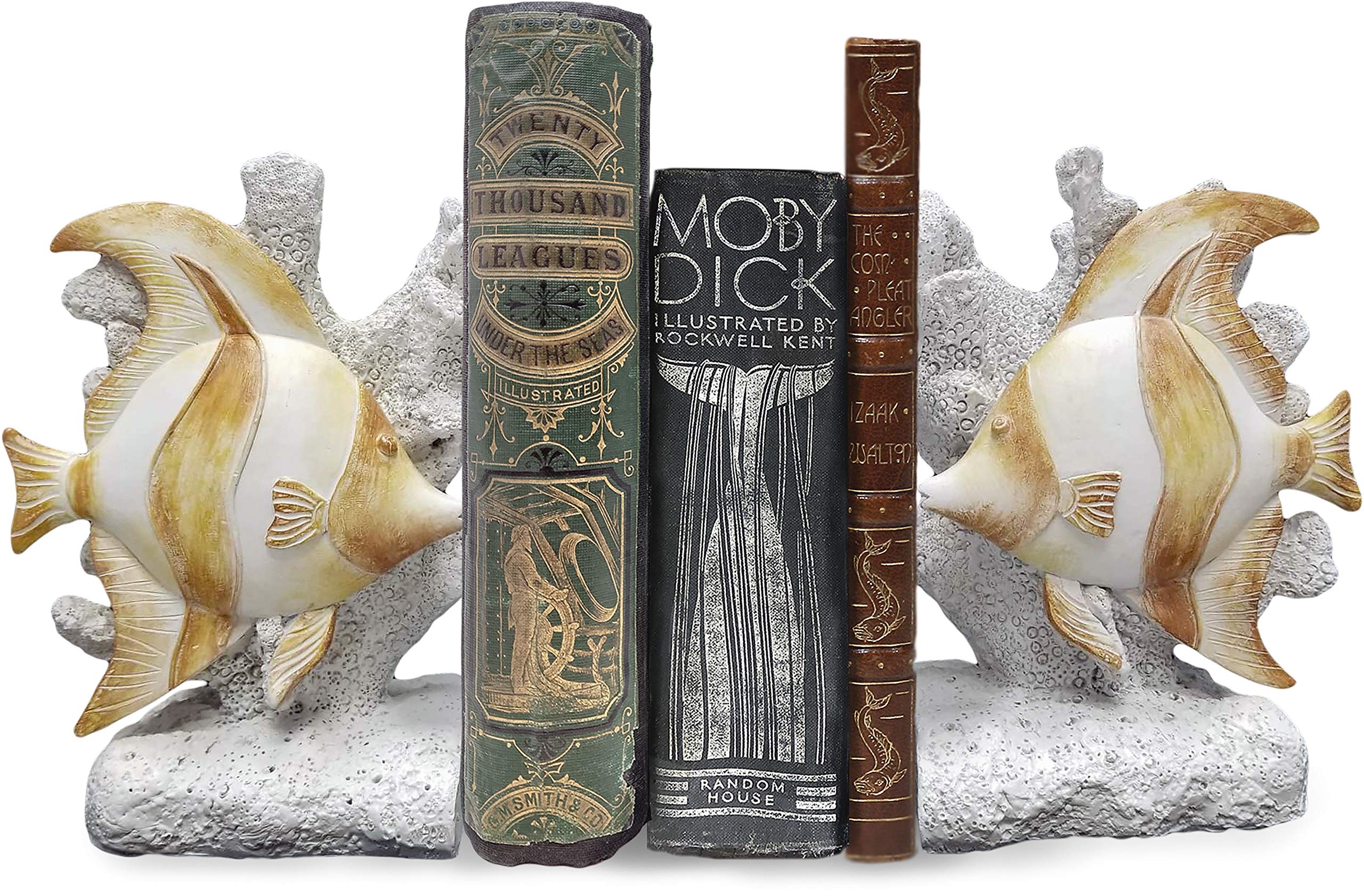 World of Wonders Gifts Ocean Harmony Seaside Tales Elegant Angelfish Coral Reef Decorative Bookend Set, 2 Hand-Painted Resin, White, Yellow, Sand, Distressed Finish