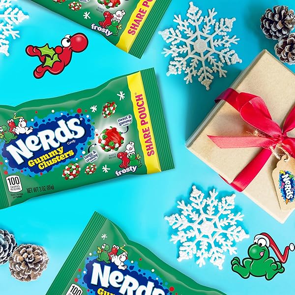 NERDS FROSTY GUMMY CLUSTERS SHARE POUCH, HOLIDAY NERDS, RED AND GREEN GUMMY CANDIES, 3 OZ