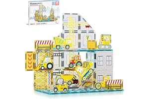 PicassoTiles Magnet Tiles Magnetic Building Blocks with 8 Construction Vehicles Crank Truck Excavator Bulldozer Road Roller Concrete Mixer Tractor Dump Truck Forklift Toys Learning Kids Ages 3+ PTQ11