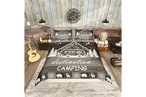Camping Night Duvet Cover,Kids Deer and Bear Bedding Set,Vintage Wooden Comforter Cover for Boys Girls Room Decor,Mountains a