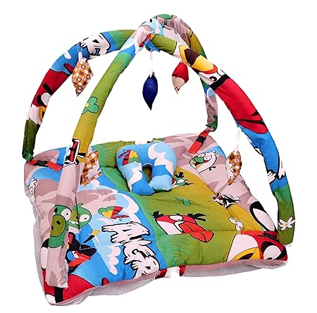 homescape Baby Bedding Set with Mosquito Net and Play Gym with Hanging Toys (Blue)