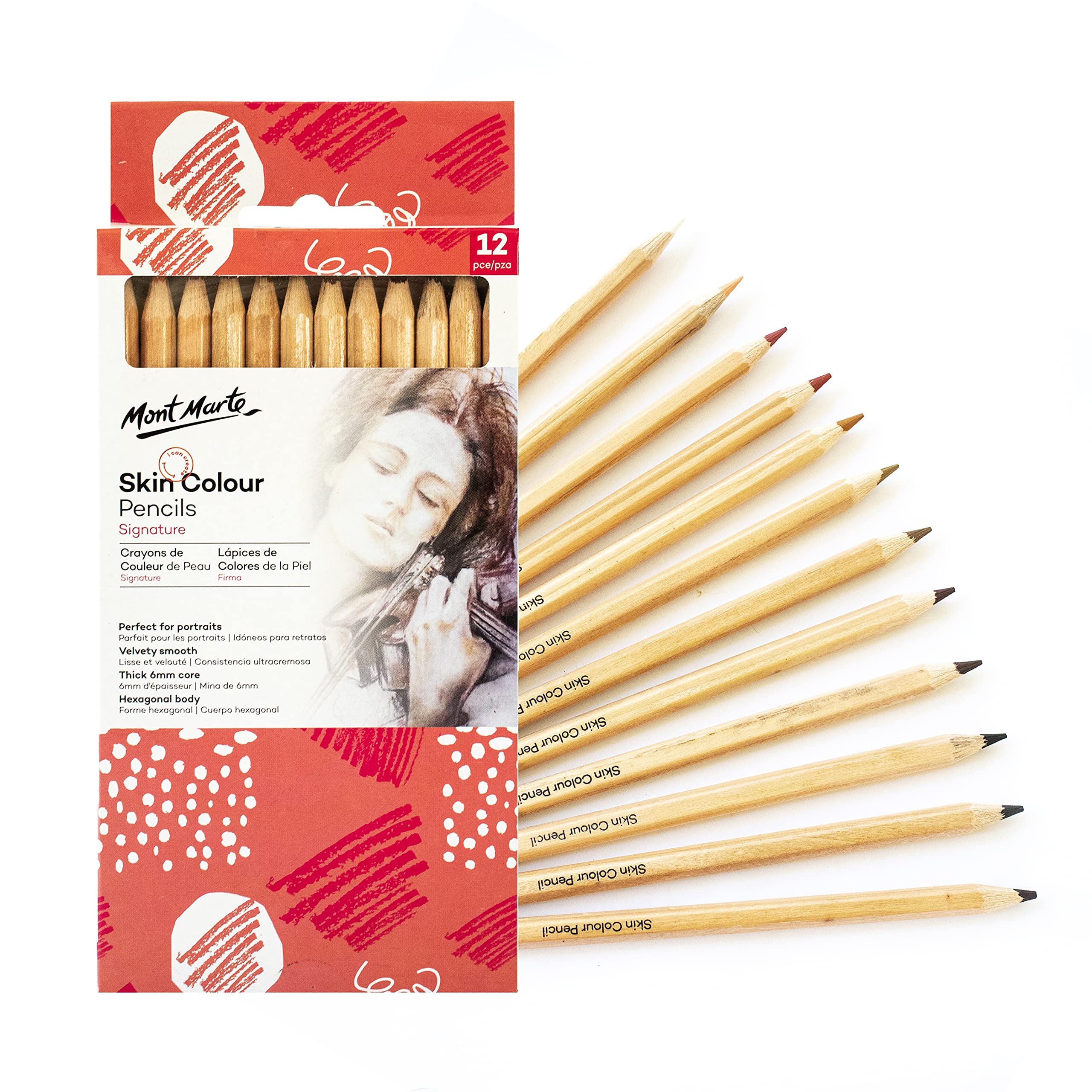 Mont Marte Skin Coloured Pencils Set - 12 Pieces - Ideal Artist Colouring Pencils for Expressive Portrait Drawings