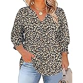 TFSDOD Womens Plus Size Tops 3/4 Sleeve Blouses Summer V Neck Shirts Smocked Cuffs Spring Outfits 1X-5X