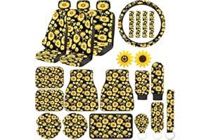 Frienda 26 Pieces Sunflower Car Accessories, Sunflower Seat Covers Full Set Floor Mat Steering Wheel Cover Seat Belt Shoulder Pads Center Armrest Pad Gear Cover Handbrake Interior Car Decor
