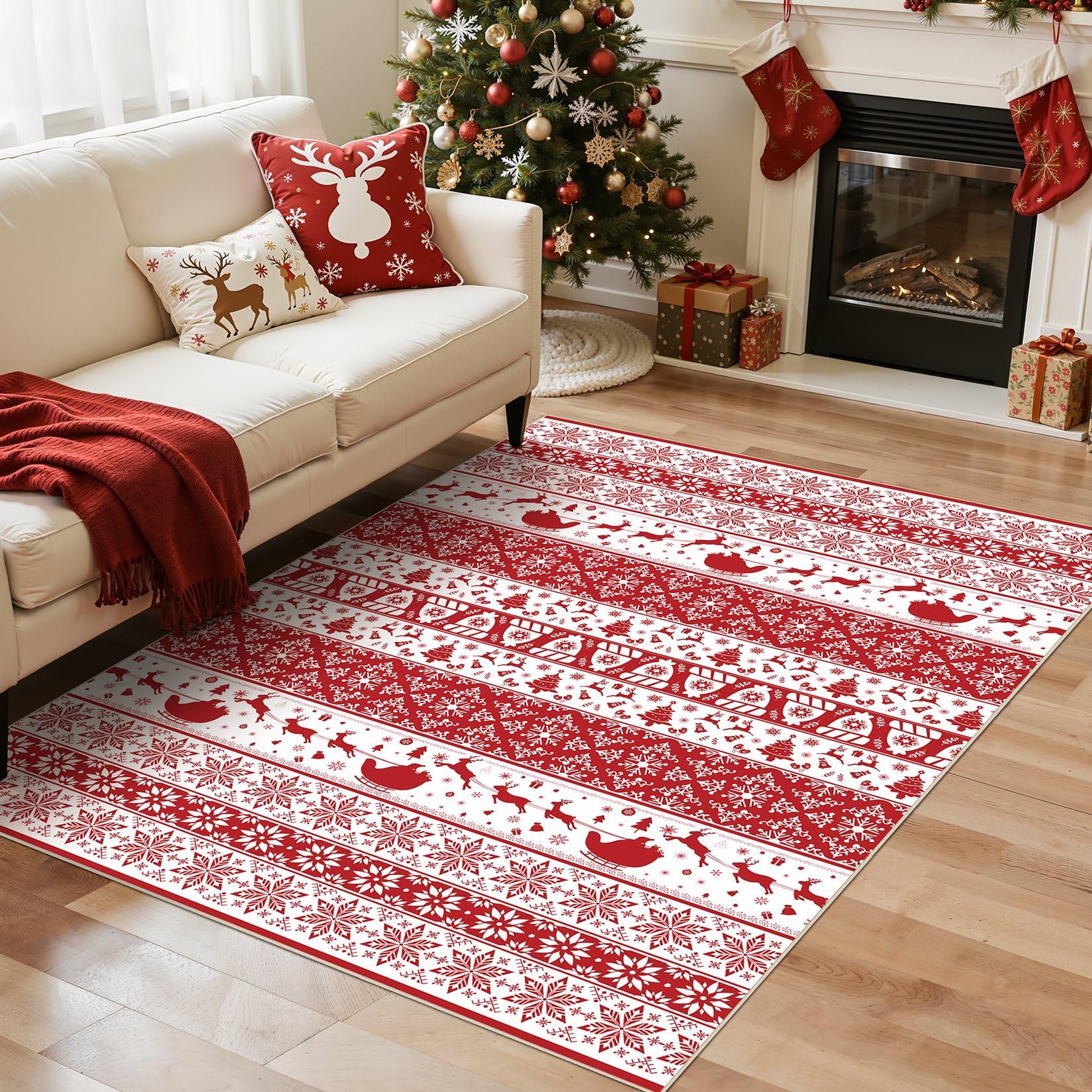 Abstract Living Room Rug 5X7 - Modern Washable Christmas Soft Thin Area Rug for Living Room Bedroom Under Dining Table - Neutral Indoor Floor Rug Carpets for Home Office Playroom Nursery - Red