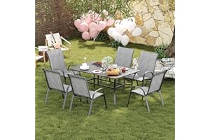 Amopatio 7 Pieces Patio Dining Set, Outdoor Table and Chairs, Square Metal Table with Umbrella Hole, 6 Stackable Chairs, Patio Furniture Sets for Deck, Backyard, Garden and Poolside,Light Grey