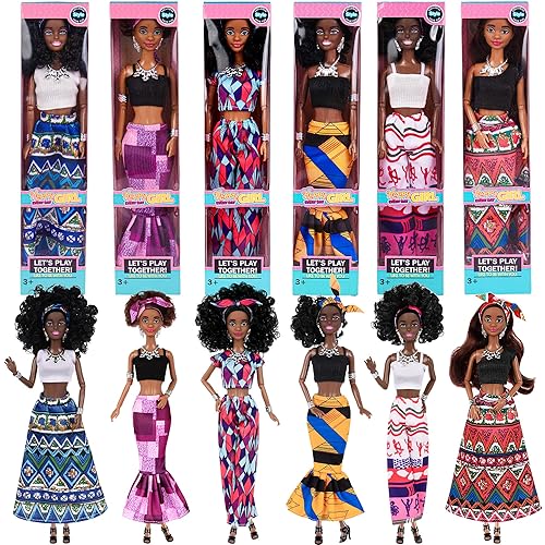 dollbie 6 Pack 11.5 inch African American Black Toy Doll Playset with Fashion Outfits Design and Accessories like Cronw Necklace Headsarf (Gift Box Package)