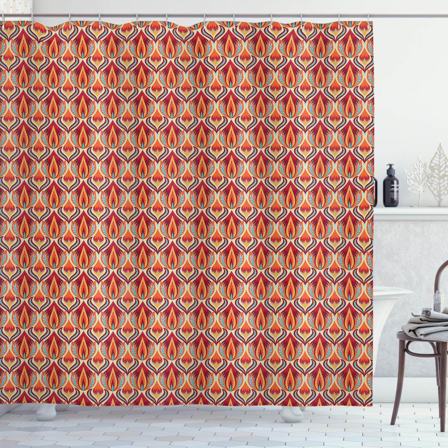 ABAKUHAUS Retro Shower Curtain, Nature Inspired Abstract Repeating Motifs Curvy Leaves and Petals Antique Rococo, Cloth Fabric Bathroom Decor Set with Hooks, 86 Inches Extra Long, Multicolor