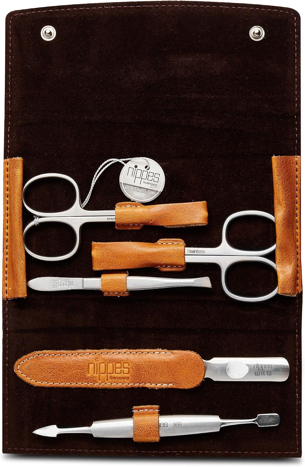 Nippes Solingen Nippes Premium Line Manicure Set Cognac 5-Piece Stainless Steel Rust- and Nickel- Genuine Cowhide Leather Case with Press Stud