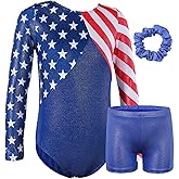 BAOHULU Gymnastics Leotards for Girls Patriotic Glitter Long Sleeve Dancewear with Matching Shorts Set