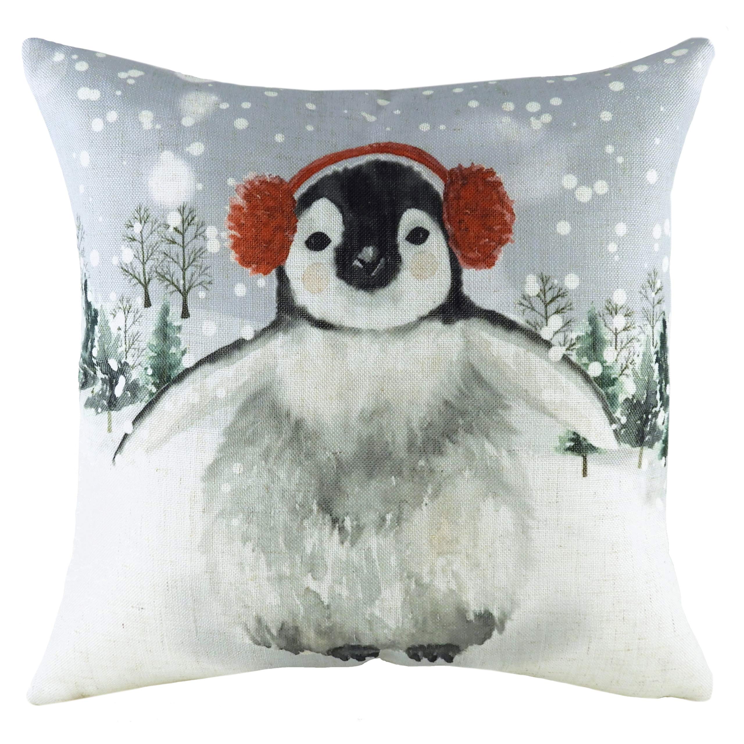 Evans Lichfield Snowy Penguin with Earmuffs Feather Filled Cushion, Multi, 43 x 43cm