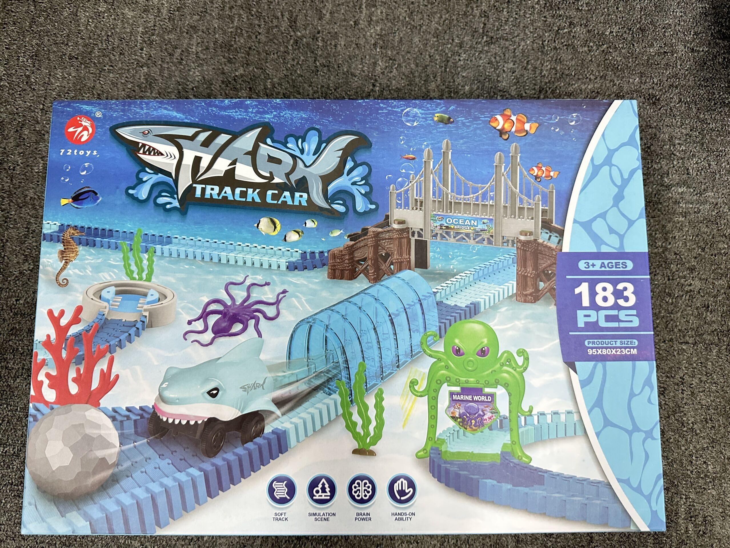 VATOS Track Toys 183 Pcs Shark Race Car Toys for Boys Girls 3 4 5 6 7 9 Year, Bendable Flexible Racetrack Cars with Shark & Ball, Ocean Theme Train Toys, STEM Educational Playset Birthday Gift