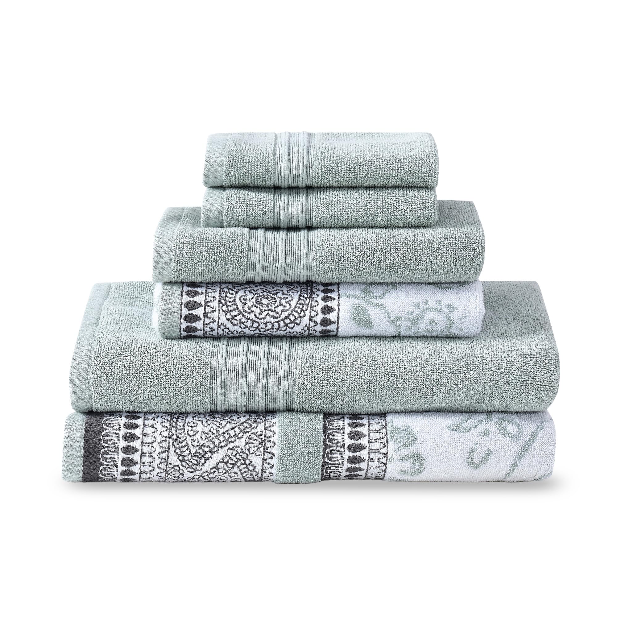 Photo 1 of Modern Threads 6 Piece Set, 2 Bath Towels, 2 Hand Towels, 2 Washcloths Yarn Dyed Jacquard/Solid Towel Set Ophelia Dark Sage