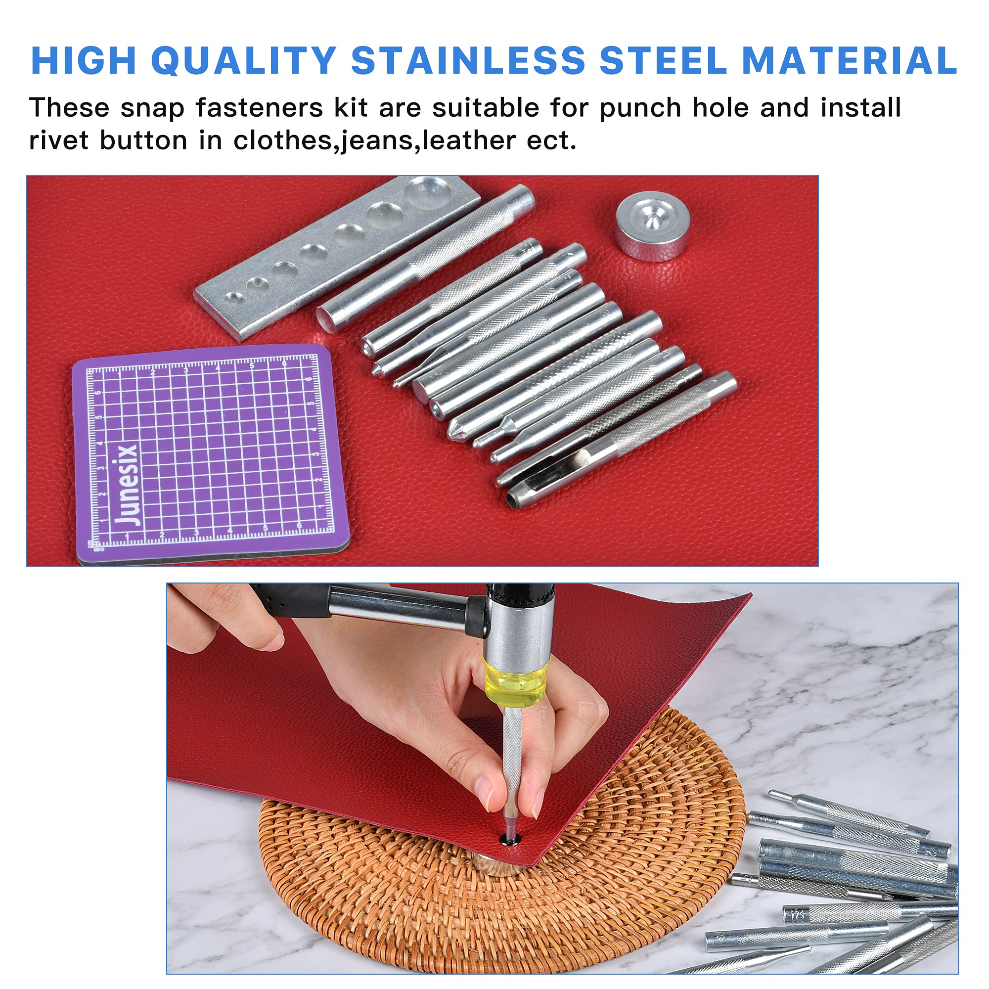 14Pcs Rivet Setter, Leather Die Punch Snap kit, Stainless Steel Rivet Setting Tool for Bag Making DIY Leather Crafts with Non Slip Base