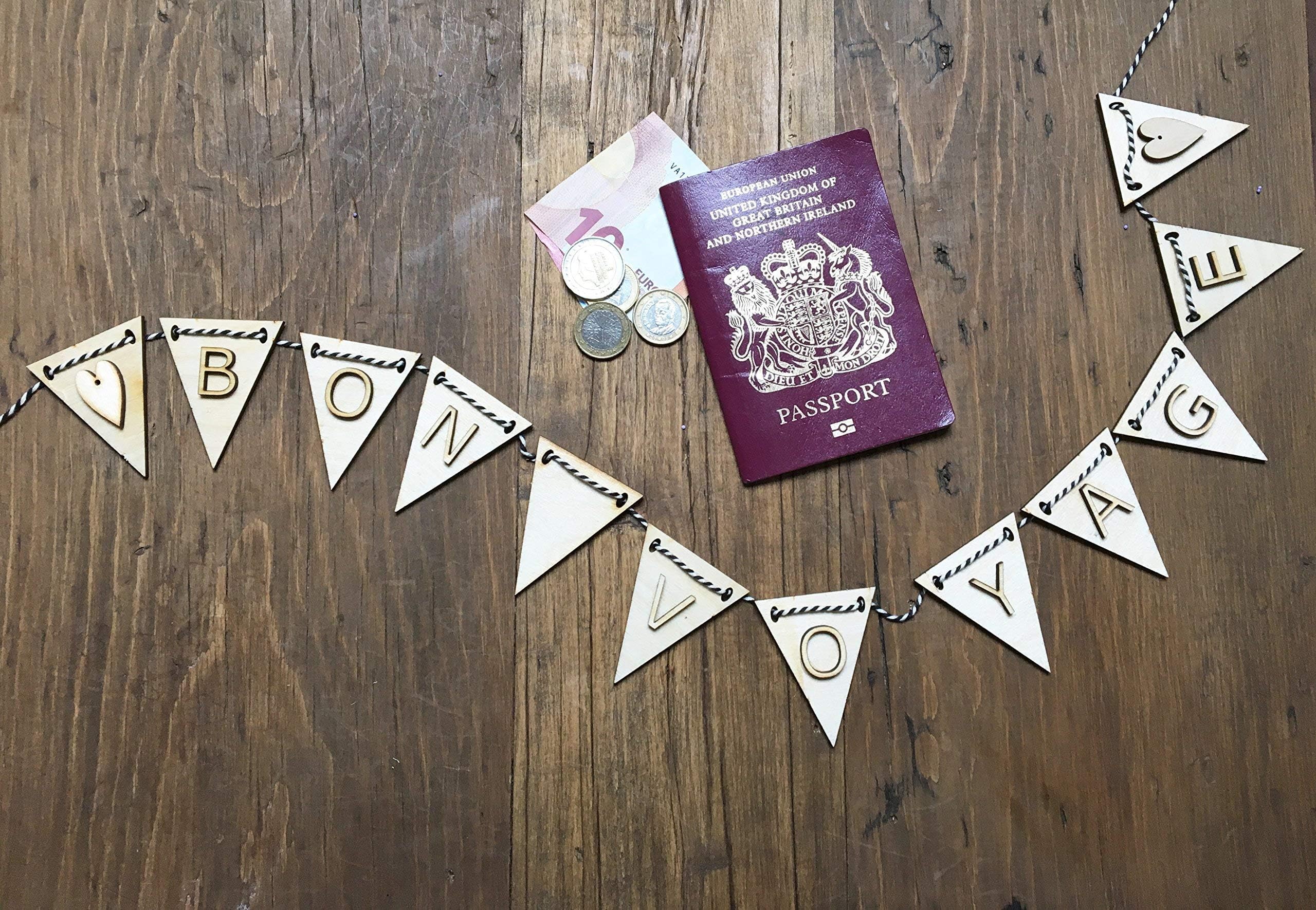 Personalised Wooden Bon Voyage, Gap Year, Safe Journey Bunting, Banner, Pennant, Garland, Laser Cut with 3D effect letters