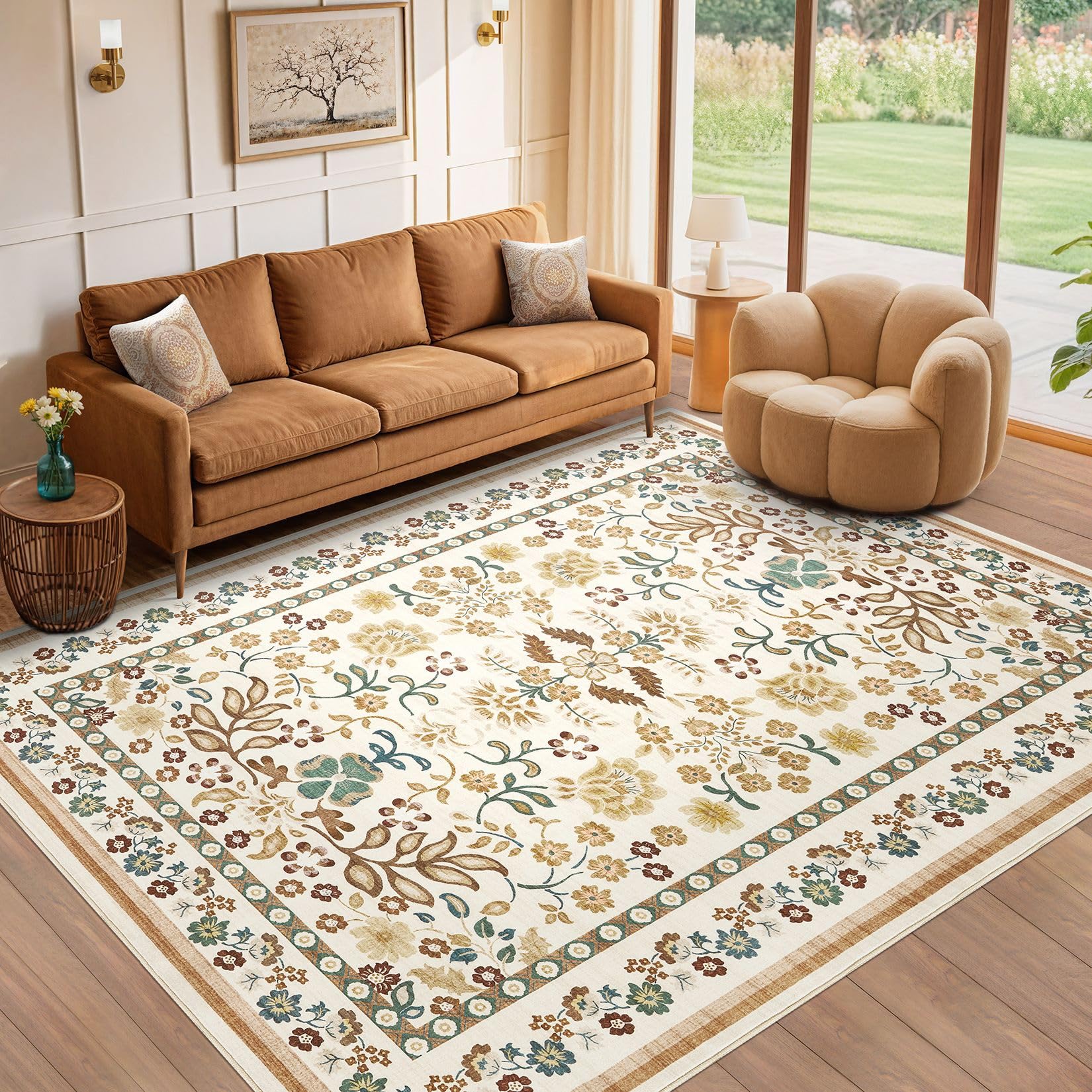 Photo 1 of UERMEI 6x9 Area Rug Living Room Rugs - Washable Boho Vintage Floral Large Soft Non Slip Thin Rug Low Pile Carpet for Bedroom Dining Room Kids Playroom Office Decor Indoor- Brown