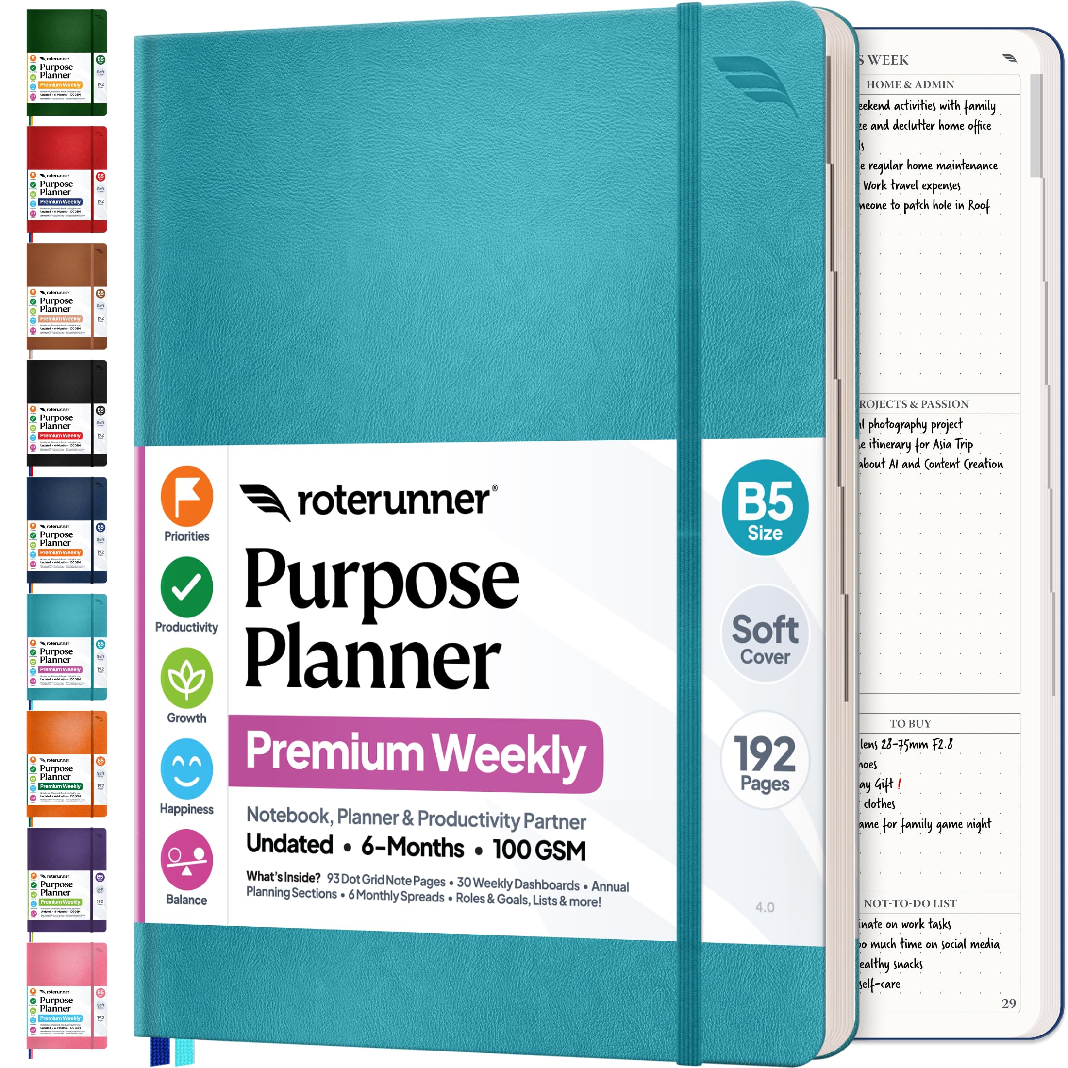 Roterunner Purpose Planner Notebook B5 7.5”x9.8” Undated Planner 2025 Daily Weekly and Monthly Productivity Goal Setting Tool for Work Home