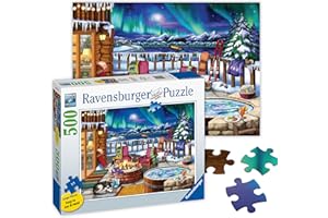 Ravensburger - Northern Lights - 500 Piece Large Format Jigsaw Puzzle - Stunning, Bold, Vivid Image of The Phenomenon - Warm Fireside Cabin - Premium Quality - Puzzles for Adults