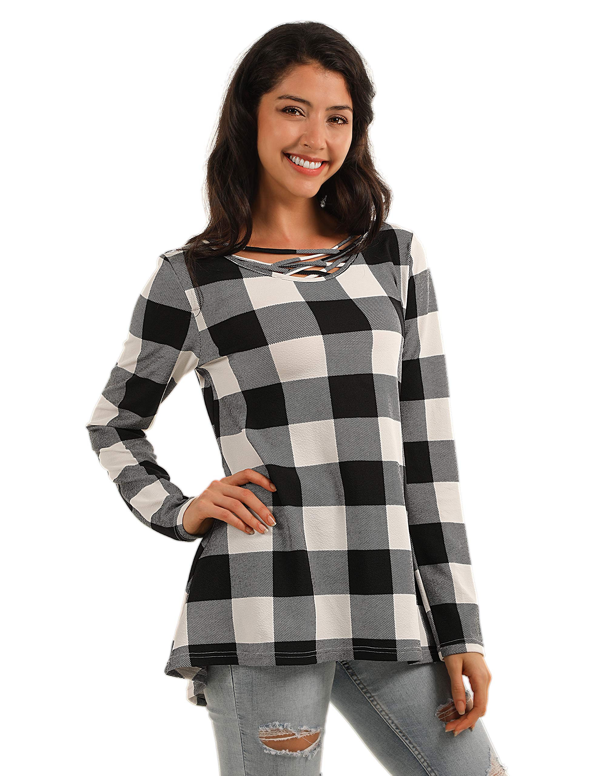 Blooming Jelly Womens Plaid T Shirt Long Sleeve V Neck Criss Cross Casual Tunic Top(S,Black)