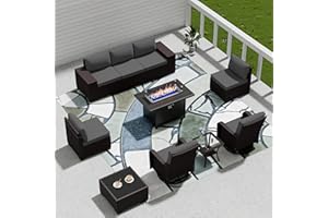 RTDTD 10 Pieces Outdoor Patio Furniture Set Outdoor Furniture Patio Sectional Sofa Conversation Sets w/ETL Approved 45" Gas Outdoor Fire Table & Coffee Table, Swivel Rocking Chair (Grey)