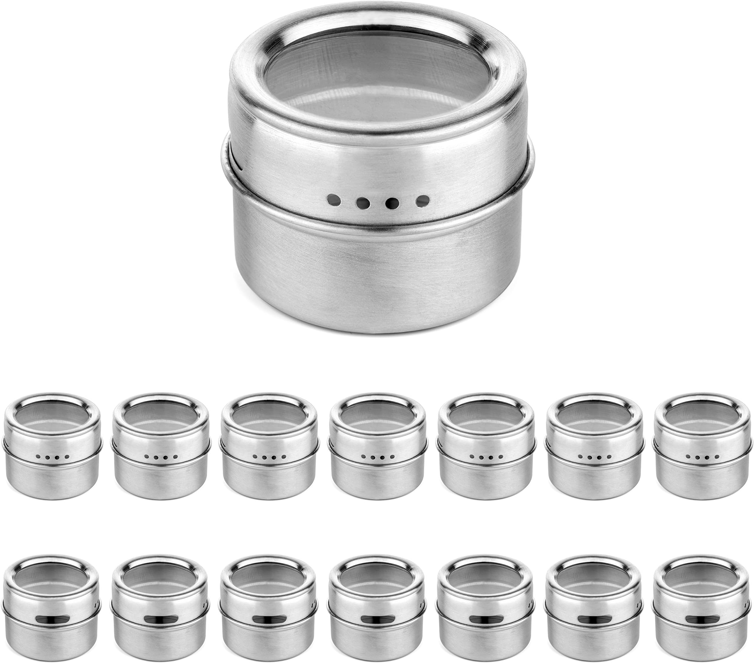15 Magnetic Spice Tins with Strong Clear Top Lid. Stainless Steel Round Storage Spice Jar, Shake or Pour lid, Magnetic Canisters, Magnetic on Refrigerator and Grill. Set of 15 Tins.