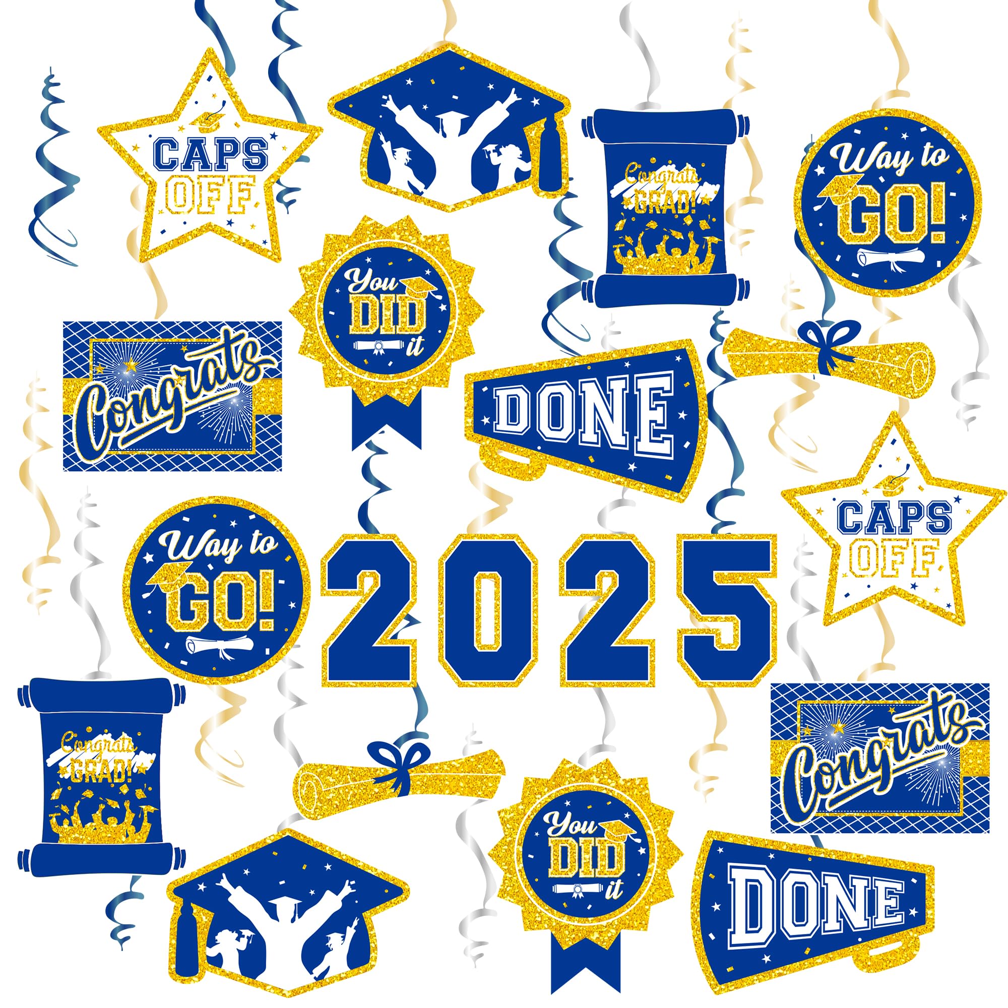 Photo 1 of 32PCS Blue and Gold Graduation Decorations 2025 - NO DIY - Class of 2025 Graduation Hanging Swirls for Classroom Ceiling Office High School College Congrats Grad Graduation Party Decorations Supplies