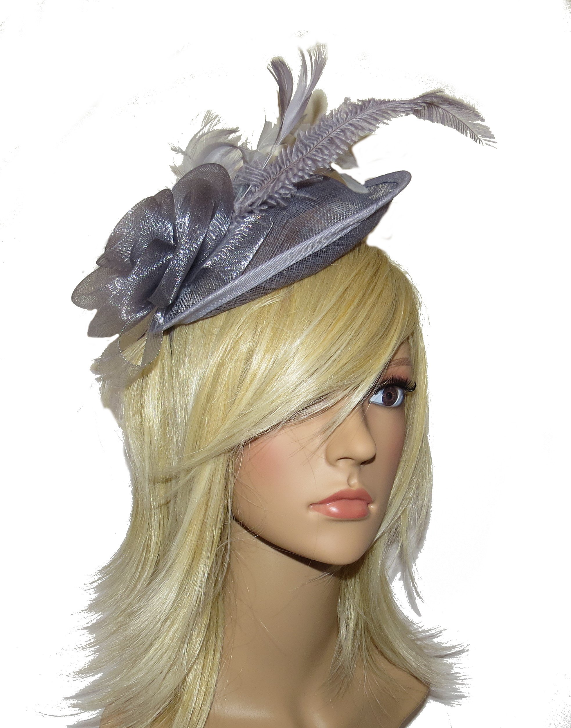 BEAUTIFUL LARGE SILVER GREY HAIR FASCINATOR HEADBAND - LADIES DAY RACES WEDDING