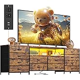 EnHomee Fits 65,70 inch Tv Stand, 63" W Entertainment Center with LED Lights & Power Outlets, 12 Long Fabric Dresser for Bedroom, Hallway, Rustic Brown