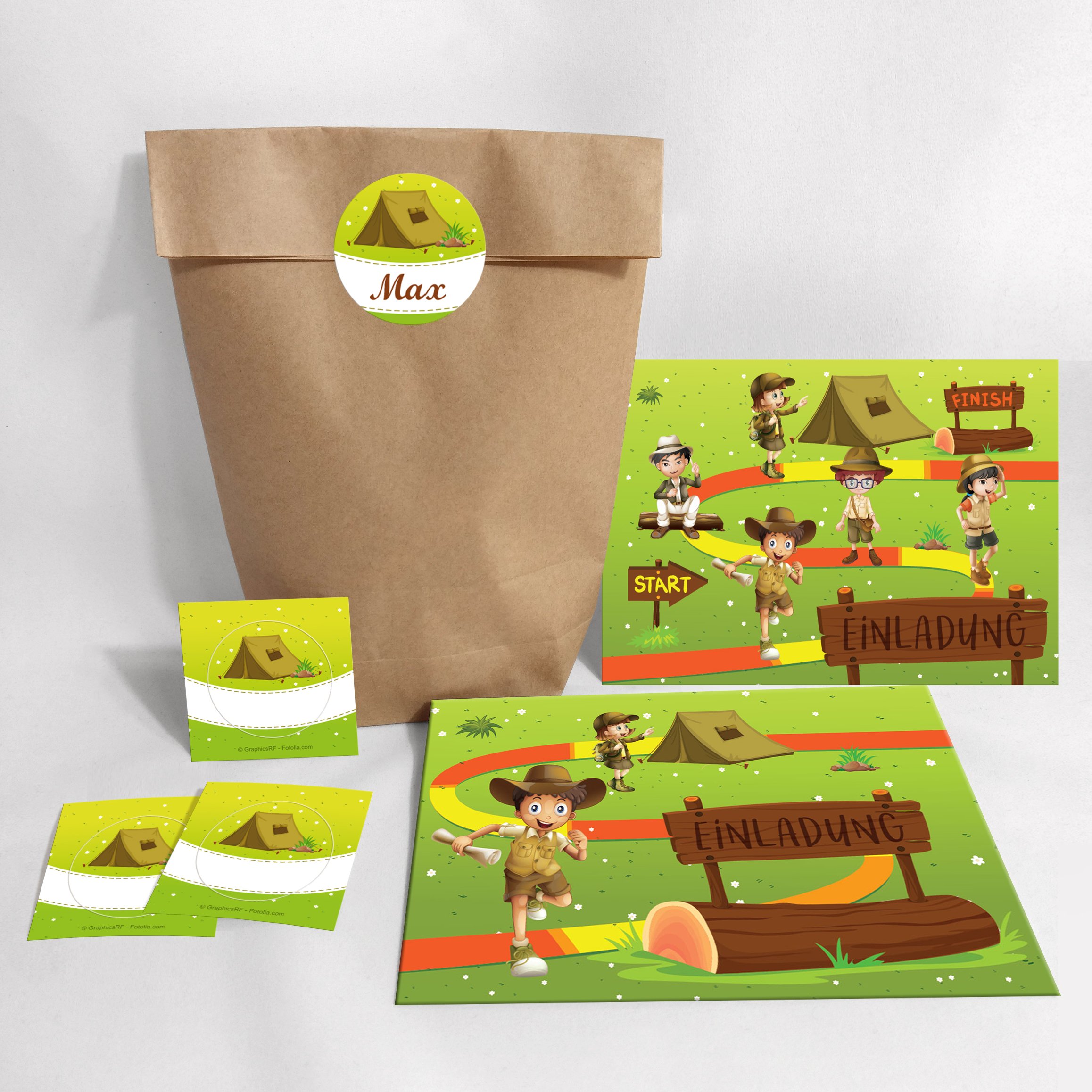 Set of 12 Invitation Cards, Bags, Stickers for Children's Birthday Parties for Girls Boys Adventures / Treasure Hunt (12 Cards + 12 Envelopes + 12 Party Bags (Cross Bottom Bags) + 12 Stickers)