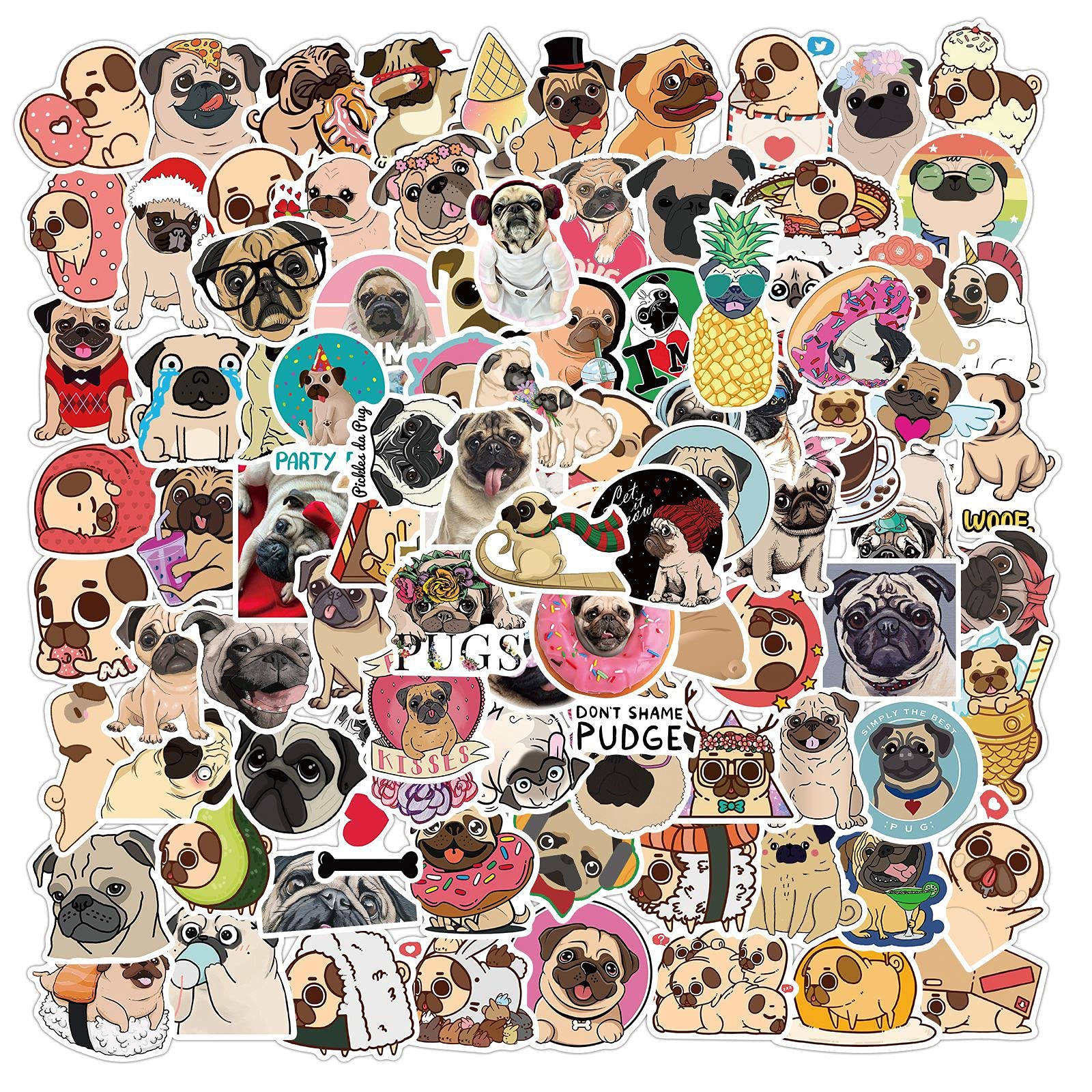 100Pcs Cute Cartoon Animal Pug Stickers for Water Bottles Tumbler Luggage Skateboard Bumper Scrapbook Mug, Sticker Gift for Kids Teens Adults