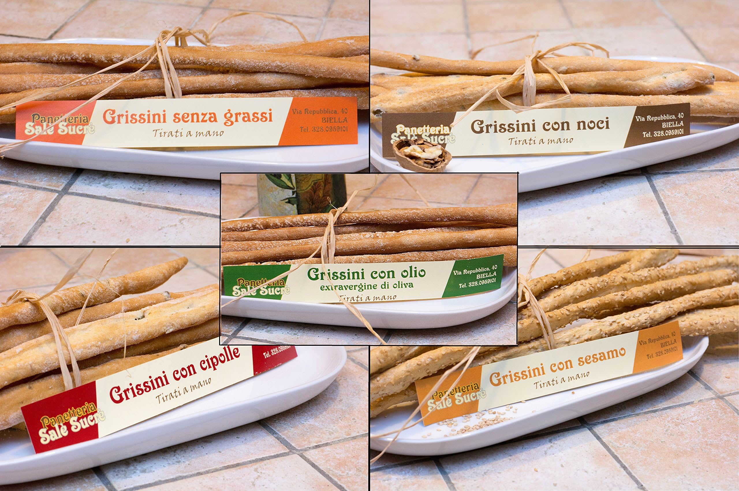 Panetteria Salè Sucrè - Mix Artisan Bread Sticks - Without Greases / Walnuts / Onions / Oil E.V.O. / Sesame - (5x250g) - Handmade in Piedmont (Italy)