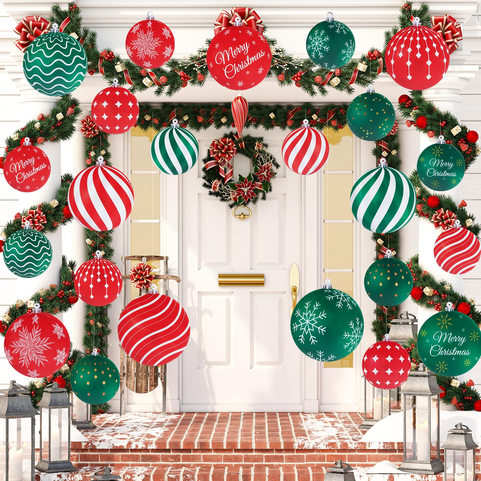Photo 1 of 24 Pcs Christmas Decorations Outdoor Hanging Ornaments Double Sided Peppermint Candy Yard Signs, Plastic Waterproof Ball Shape Ornaments for Xmas Tree Porch Party Supplies