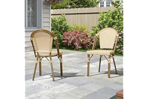 PURPLE LEAF Bistro Chair (Set of 2) French Hand-Woven Wicker Chairs for Outdoor Patio Porch Garden Indoor, Bamboo Print Finish, Cream Yellow, Dining Chairs