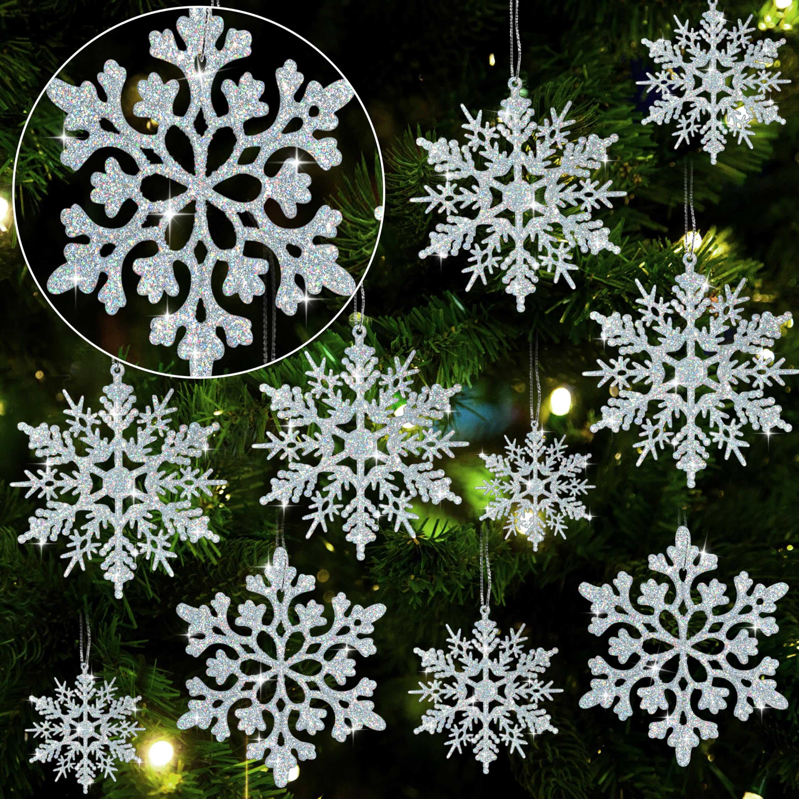 Photo 1 of 36pcs Iridescent Silver Christmas Snowflake Ornaments, Plastic Sparkling Glitter Hanging Snow Flakes for Christmas Tree Decorations Winter Wonderland Frozen Birthday Party Holiday Home Decor