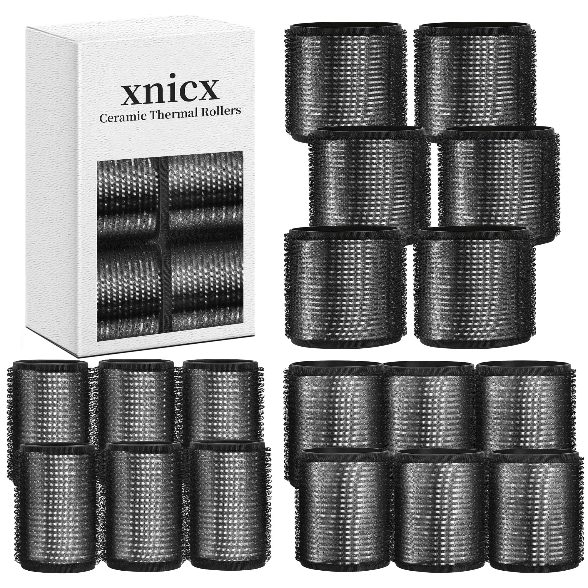 xnicx 18pcs Hair Roller Set Hair Curlers,Self-Grip Ceramic Ionic Thermal Hair Rollers,Velcro Rollers Curlers to Sleep In for Hair Blowout Look,Salon Quality Rollers for Long Short Hair Black