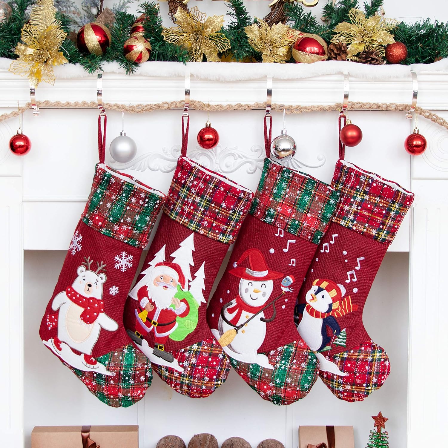 Stockings & Holders - LUBOT 4 Pack Christmas Stockings(21inch) Embroidered Linen Applique Burlap Fireplace Hanging Christmas Stocking Ornament for Family Decorations Holiday Xmas Gift