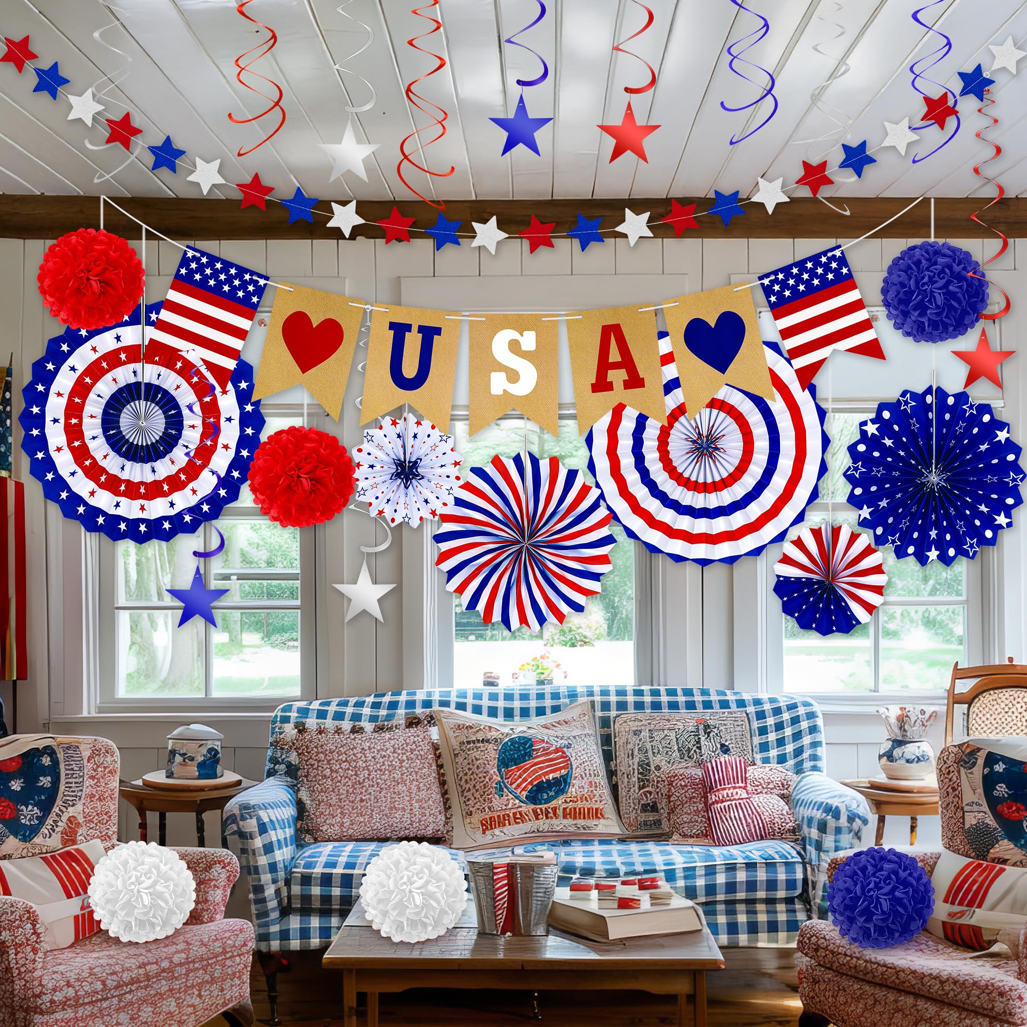 26 PCS 4th of July Decorations, Red White Blue Paper Fans in Patriotic Designs, 4th of July Banner Pompom Star Garland and Hanging Swirls Set for Fourth of July Independence Day Party Supplies Decor