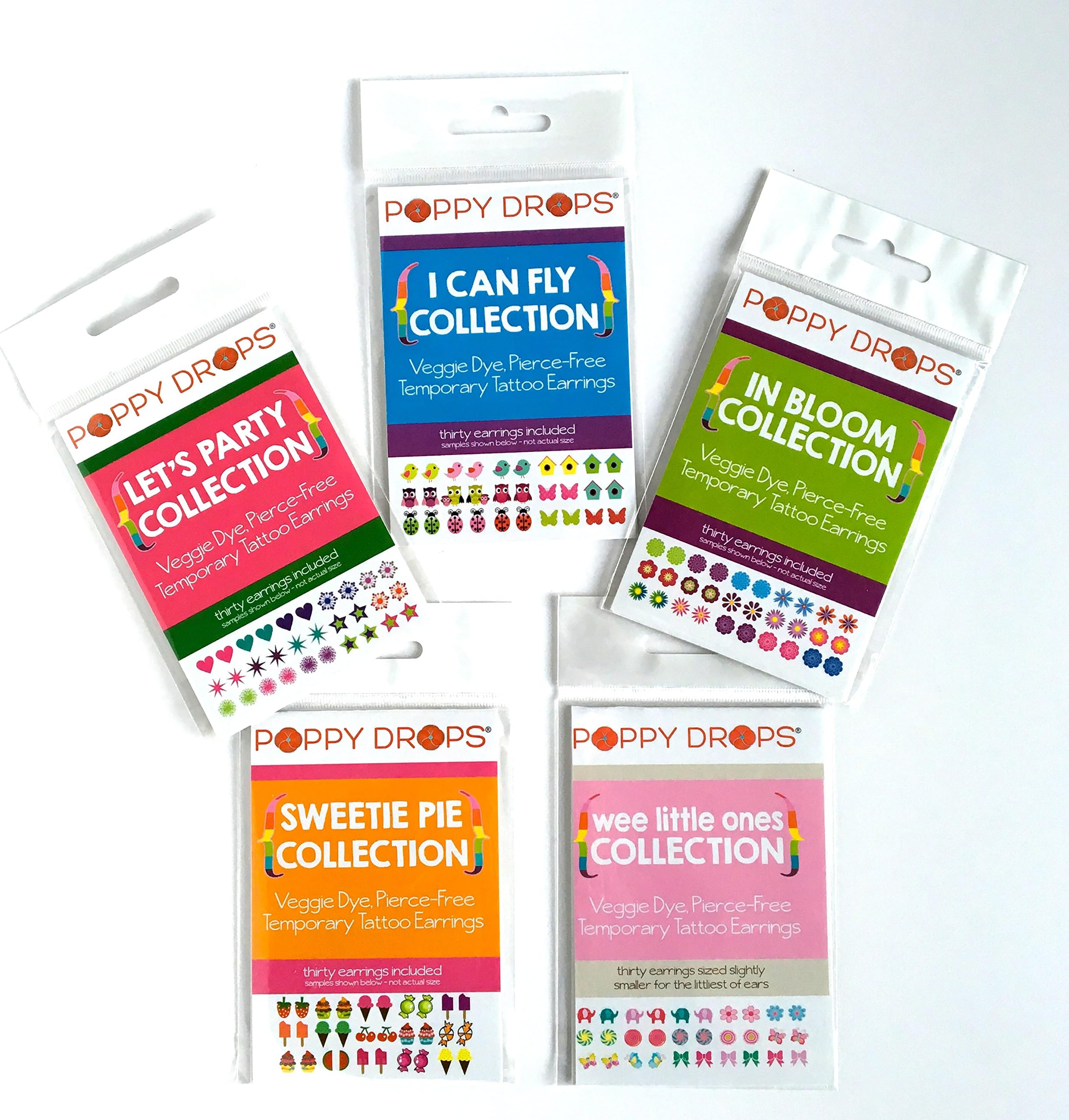 Poppy Drops 5-Pack Temporary Tattoo Earring "Sweet & Simple" Collections - Safe, Non-Toxic Ear Piercing Alternative.