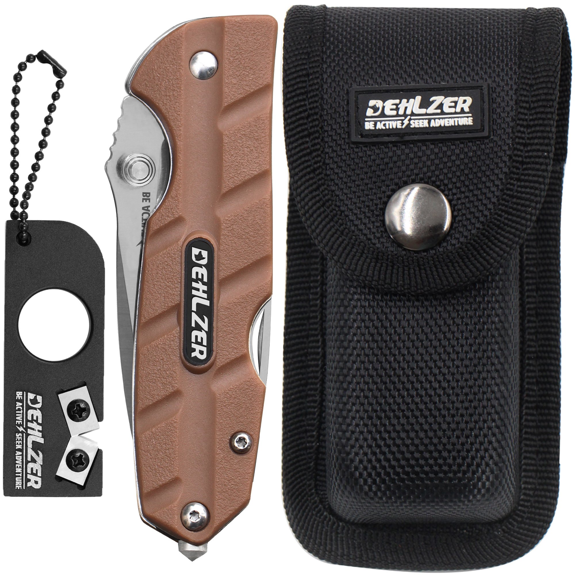 Klapp Taschenmesser mit Schärfer und Tasche - Multi Tool Nicht-Verriegelungs-Taschenmesser mit Gürtelclip, Flaschenöffner, Gürtelschneider, 2x Schraubendreher - Ideal für Camping und Notsituationen - von Dehlzer