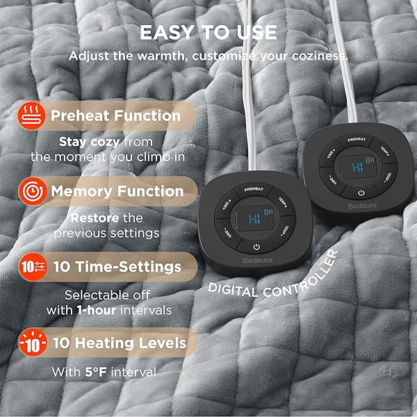 BEDSURE ELECTRIC BLANKET KING SIZE – DUAL CONTROL HEATED WEIGHTED BLANKET KING WITH 10 HEAT SETTINGS, FAST HEATING WITH 10 TIME SETTINGS (100X90 INCHES, FORMAL GRAY)