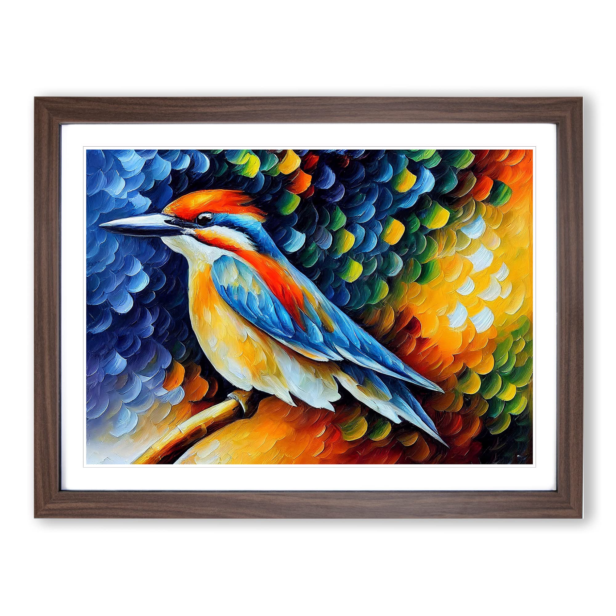 Kingfisher Bird Painting Vol.2 Abstract Framed Print | A4 Walnut Framed Wall Art | Ready to Hang | Abstract Historical Picture | Living Room Bedroom Lounge Office